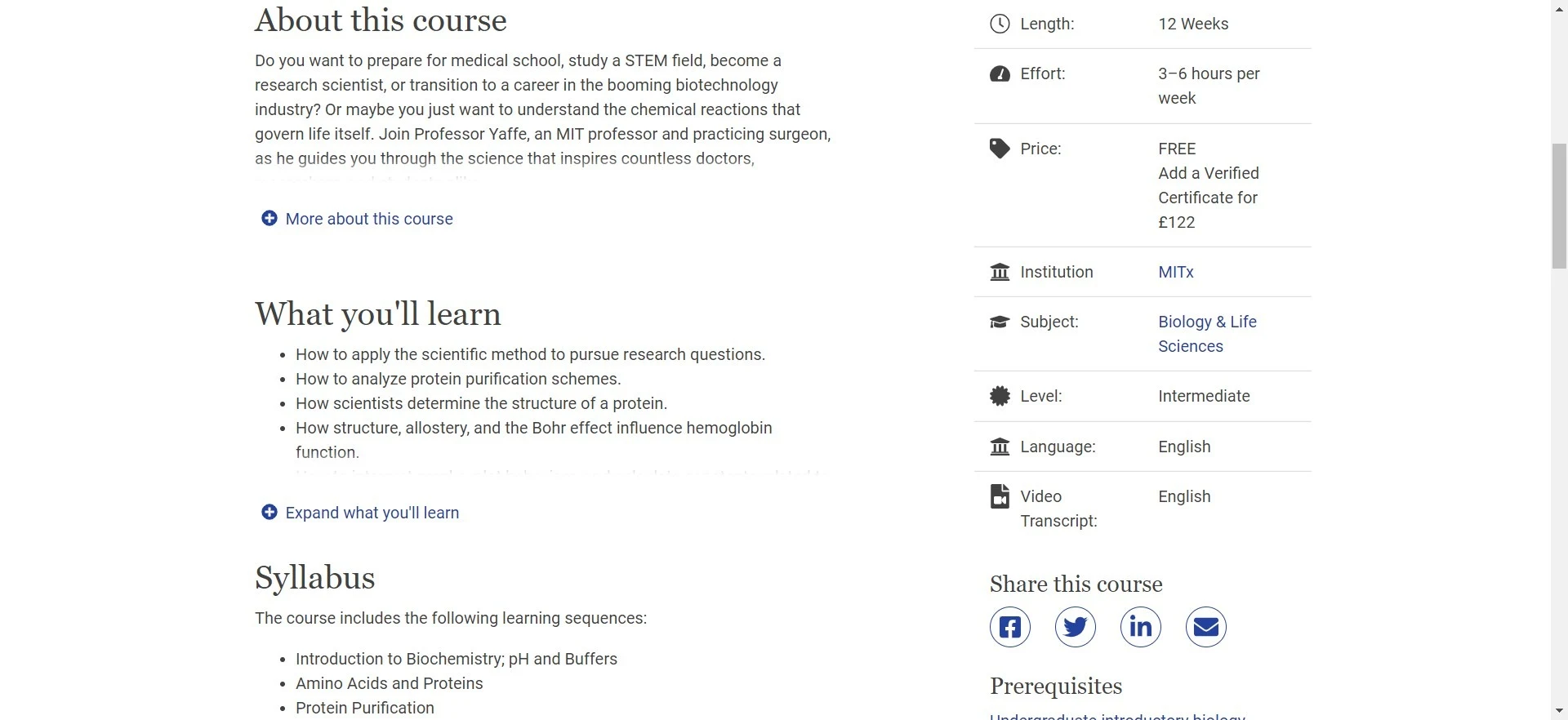 MIT biochemistry course online details